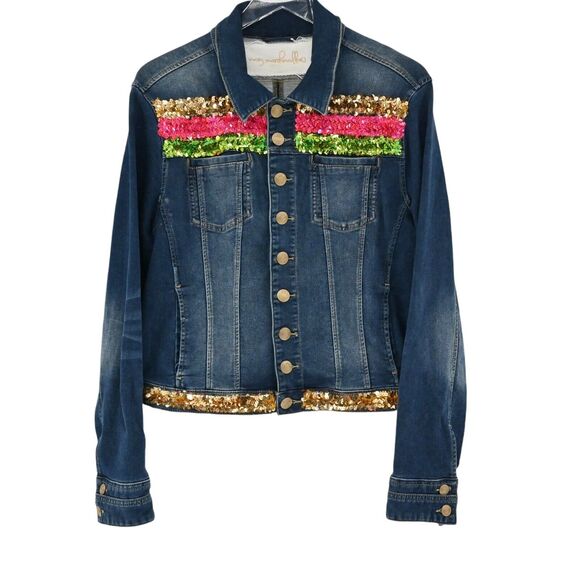 MARY MARSHMALLOW Jacket Womens Sz L Colorful Metallic Sequin Stripe Denim Preppy - Picture 1 of 15